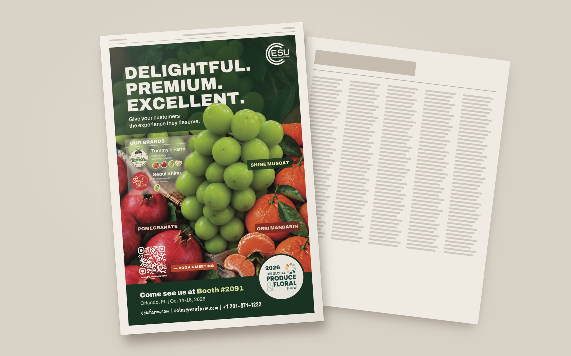 10×15 print ad mockup on a newspaper page: Delightful. Premium. Excellent. — come see us at Booth #2091