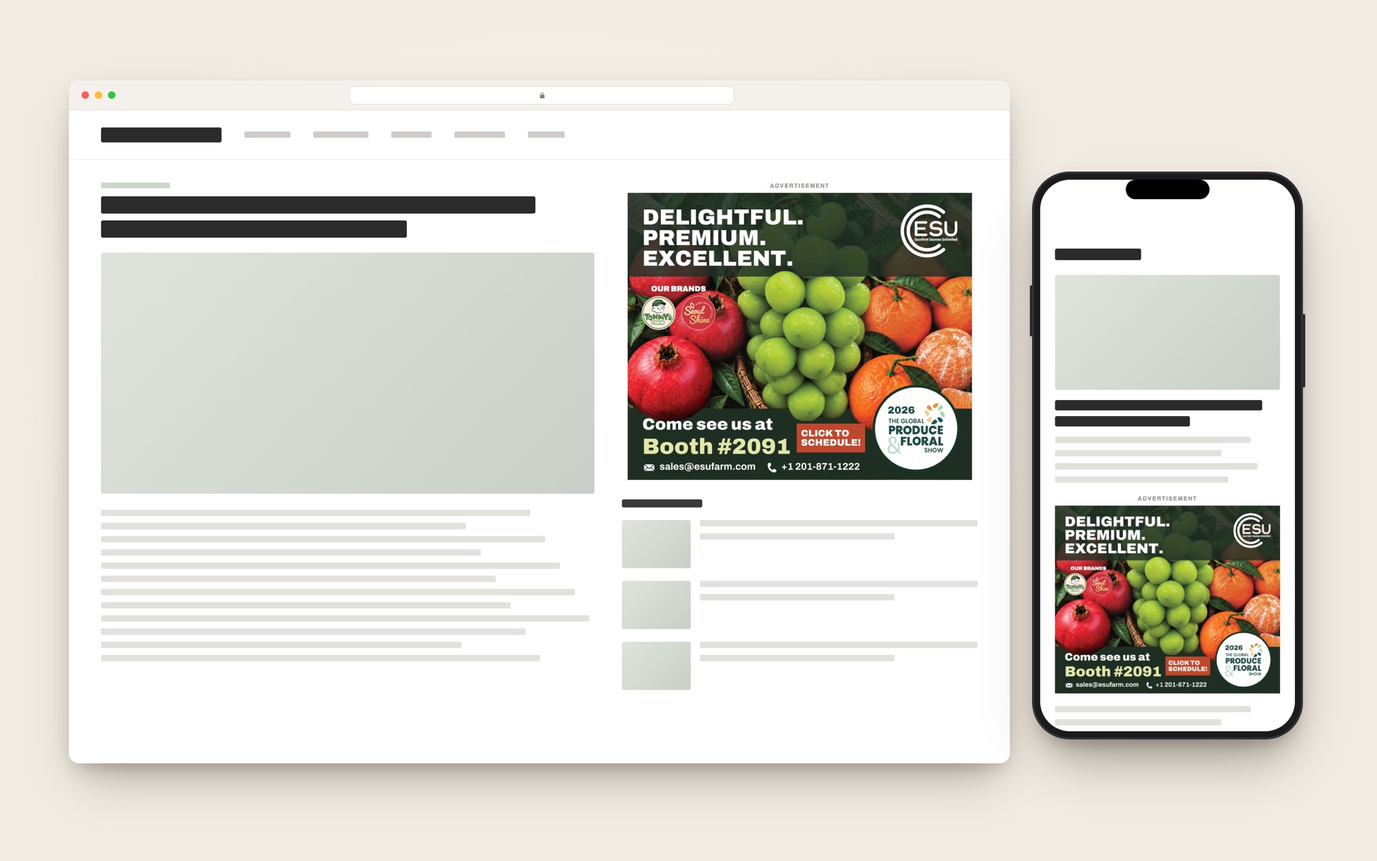 300×250 web banner mockup in a news-site sidebar on desktop and in-feed on mobile
