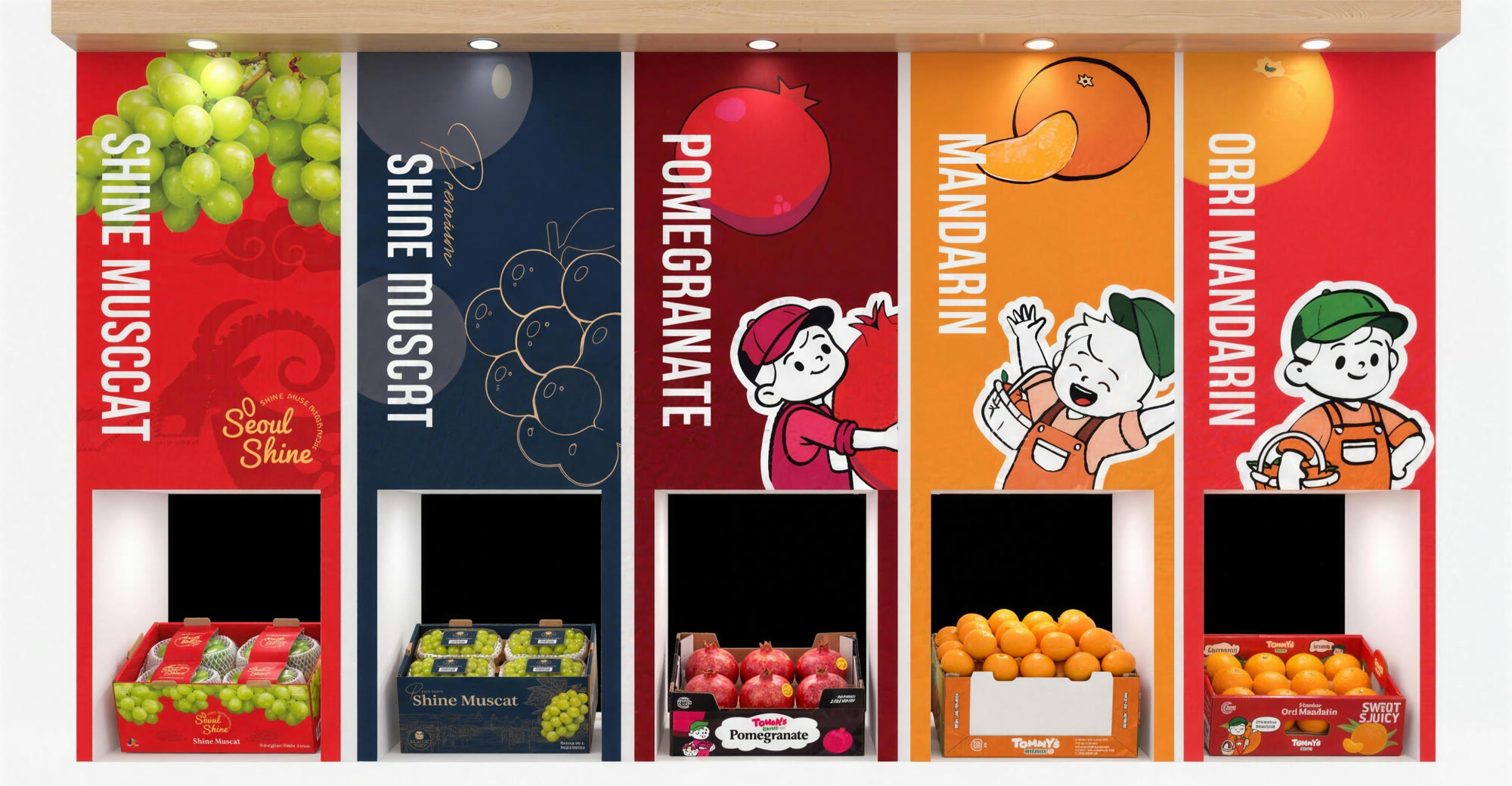 Five vertical product banners — Shine Muscat (Seoul Shine), Premium Shine Muscat, Pomegranate, Mandarin, Orri Mandarin — each above a shelf niche holding its retail box