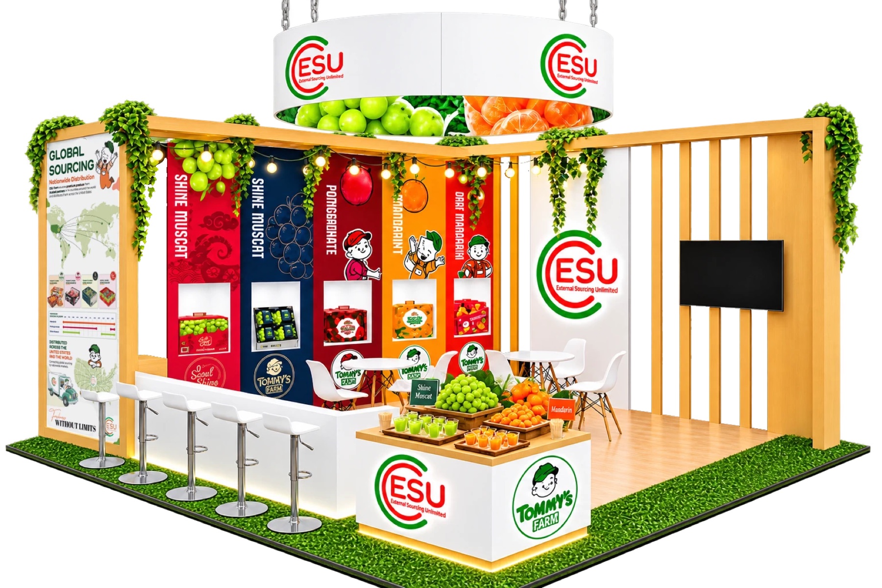 Daylight render of the ESU booth: hanging ring sign, global sourcing banner, five product panels, bar seating and a sampling counter