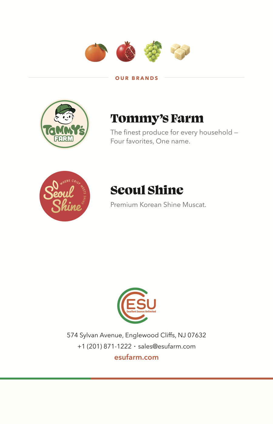 Back cover: Our Brands — Tommy's Farm and Seoul Shine, with ESU contact details