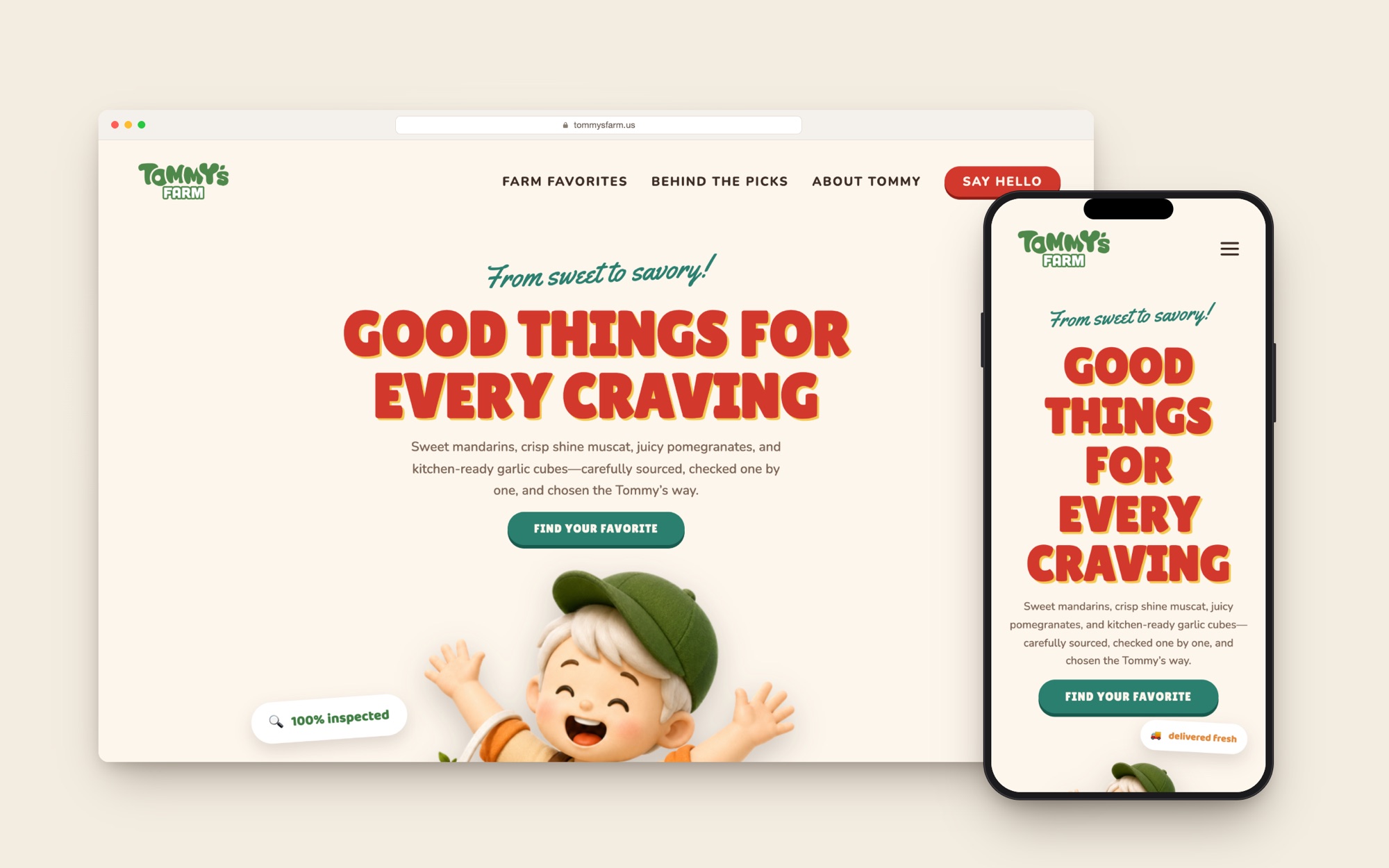 tommysfarm.us home page hero on desktop and mobile: Good Things For Every Craving with the jumping Tommy mascot