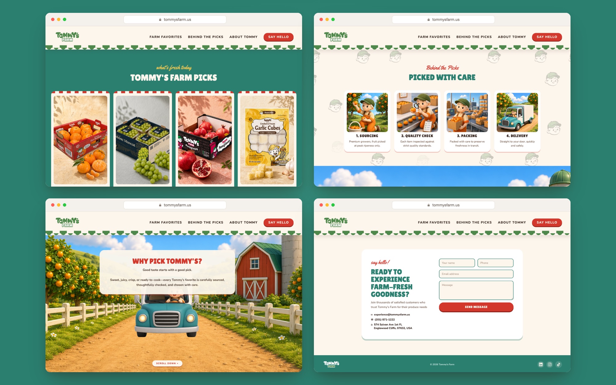 Four desktop sections: Tommy's Farm Picks, Picked With Care process, Why Pick Tommy's farm scene and the contact form