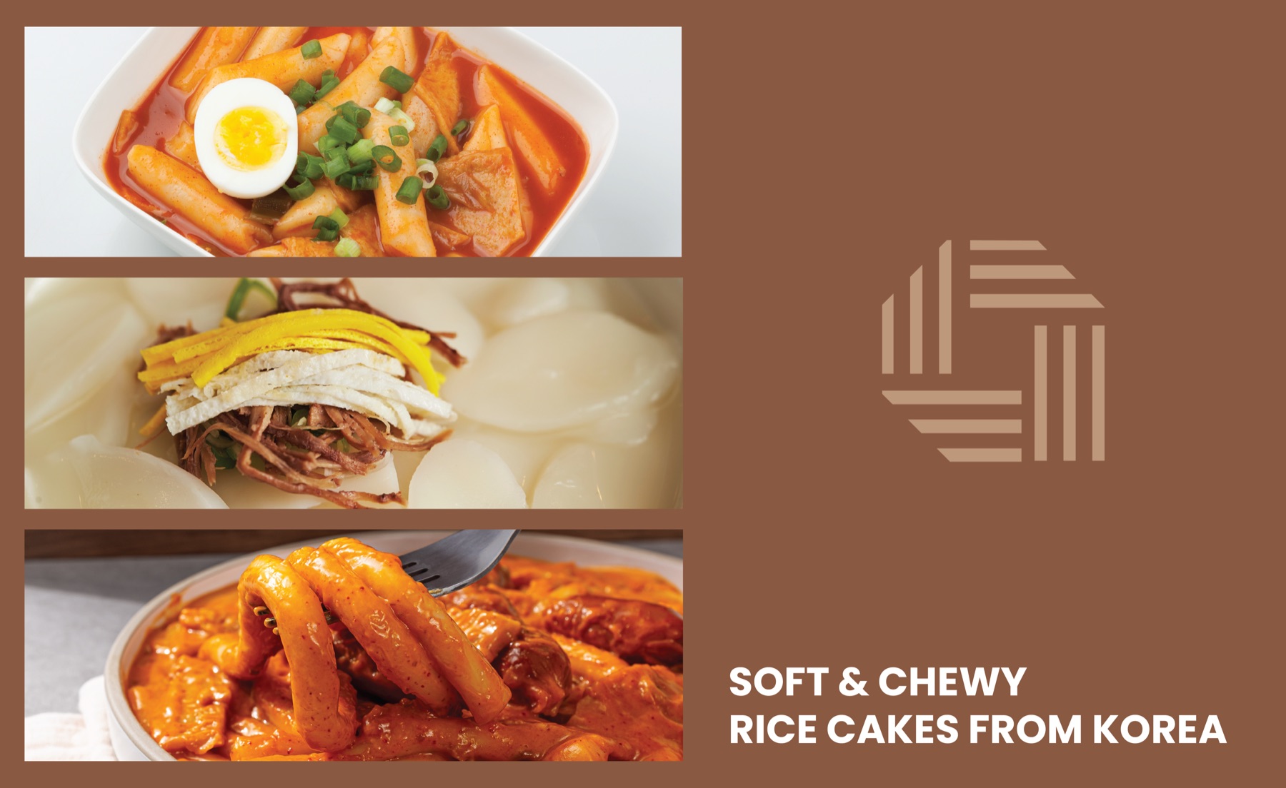 Module 3: three-row food grid of tteokbokki and tteokguk with Soft and Chewy Rice Cakes From Korea headline