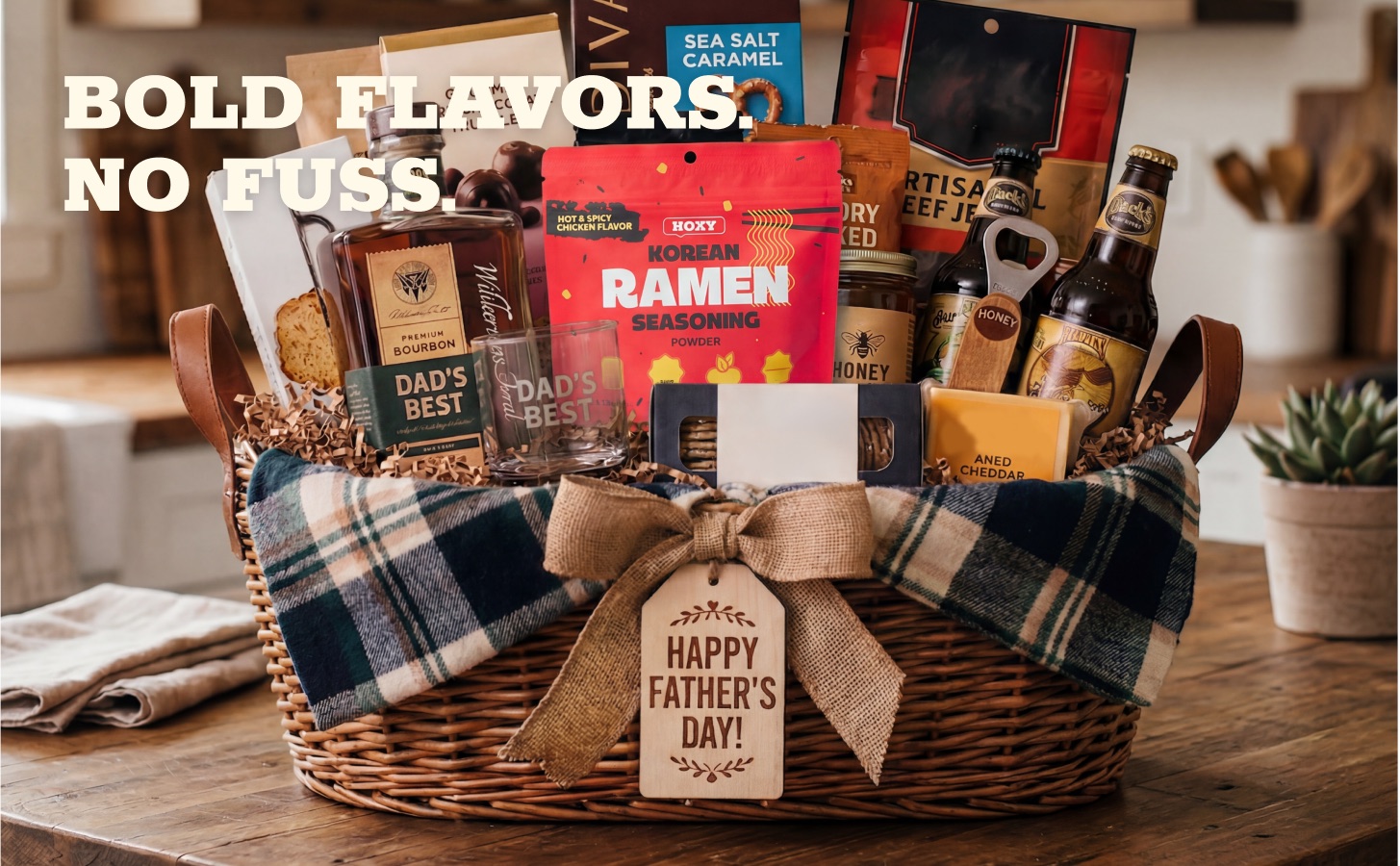 Bold flavors no fuss module: a Father's Day gift basket with a HOXY ramen seasoning pouch in it