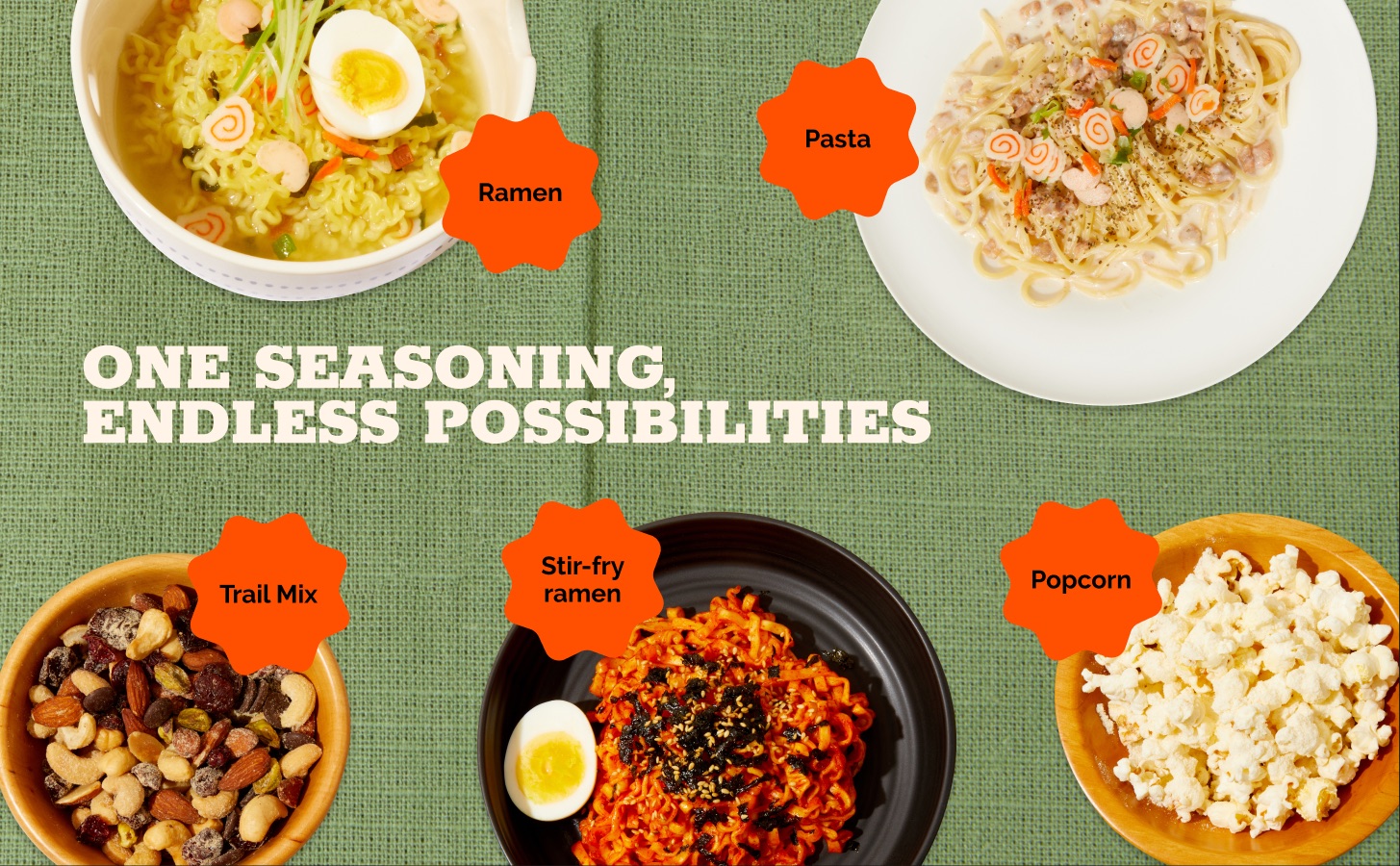 One seasoning endless possibilities module: ramen, pasta, trail mix, stir-fry and popcorn on a green cloth