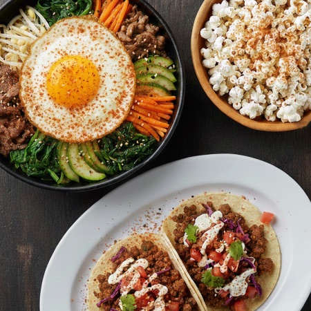 Bibimbap, kimchi tacos and seasoned popcorn usage photography