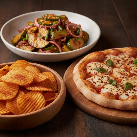 Cucumber salad, seasoned chips and pizza usage photography