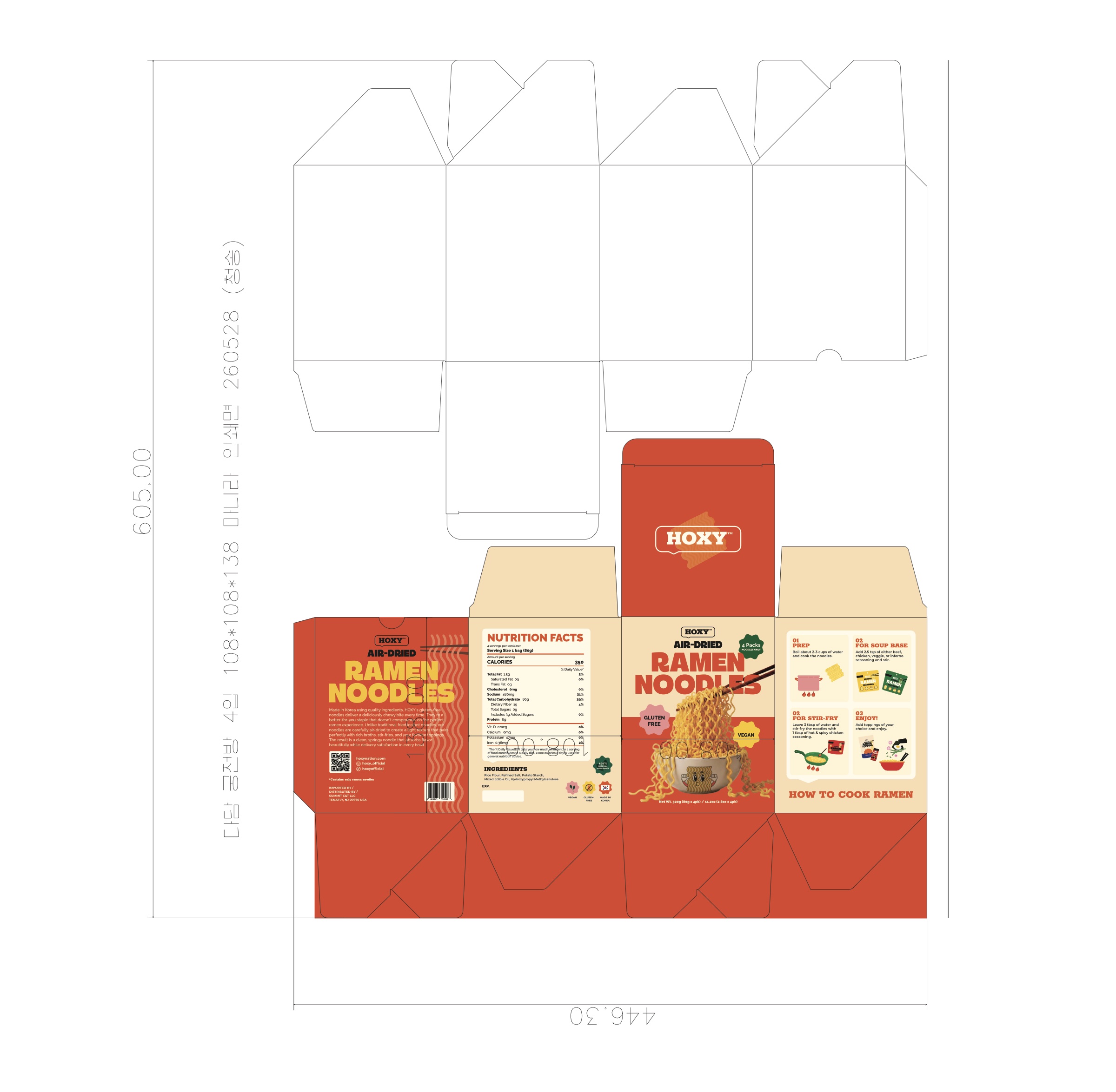 Ramen box dieline: flat carton layout with cut and crease marks, printed panels and dimension callouts