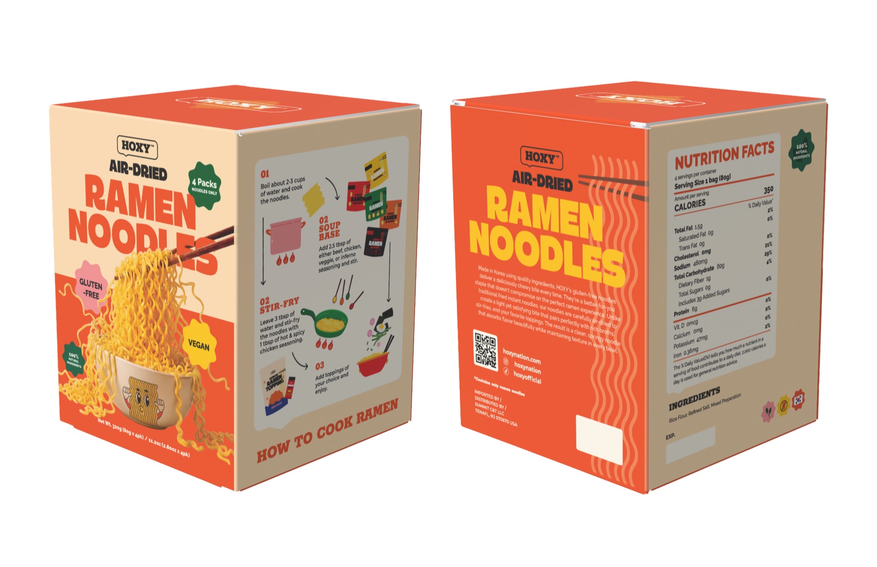 HOXY Air-Dried Ramen Noodles four-pack carton, front and back panels