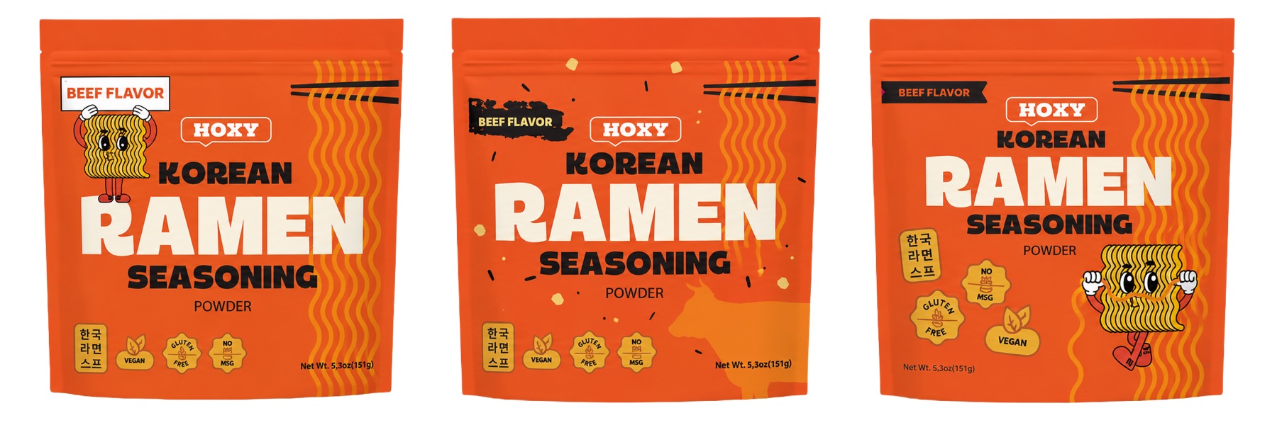 Three front-panel directions for HOXY Korean Ramen Seasoning beef flavor mini pouch