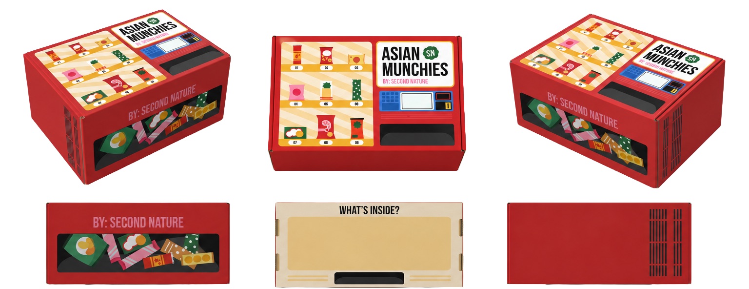 Asian Munchies subscription snack box, vending machine illustration on the lid
