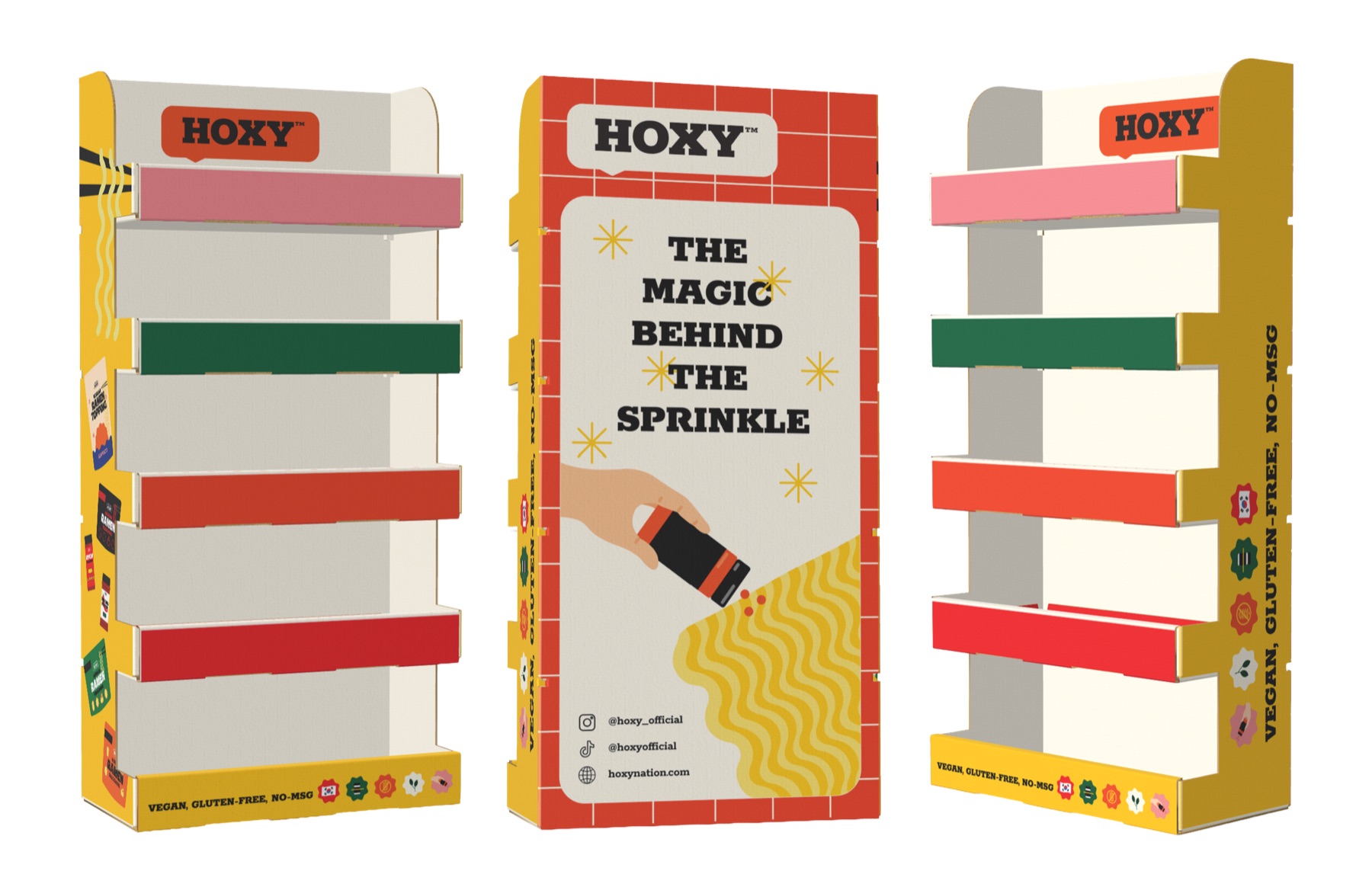HOXY floor display shipper, three views with The Magic Behind The Sprinkle header panel
