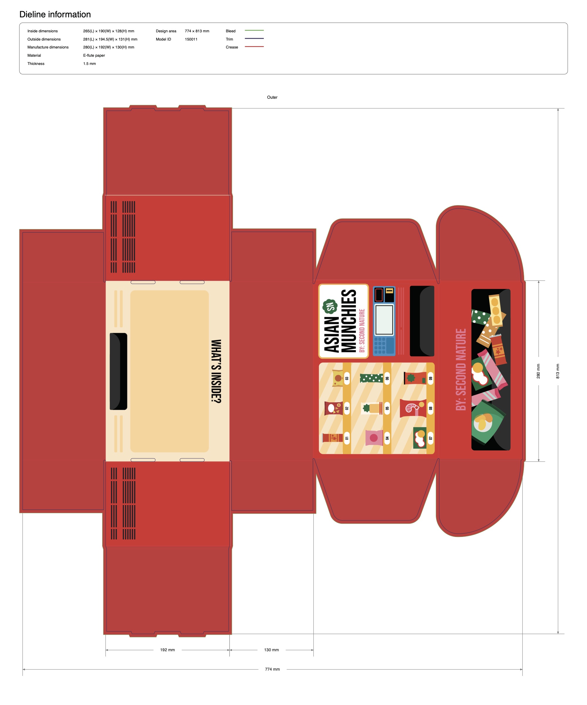 Snack box template, outer sheet: flat carton layout with vending machine artwork