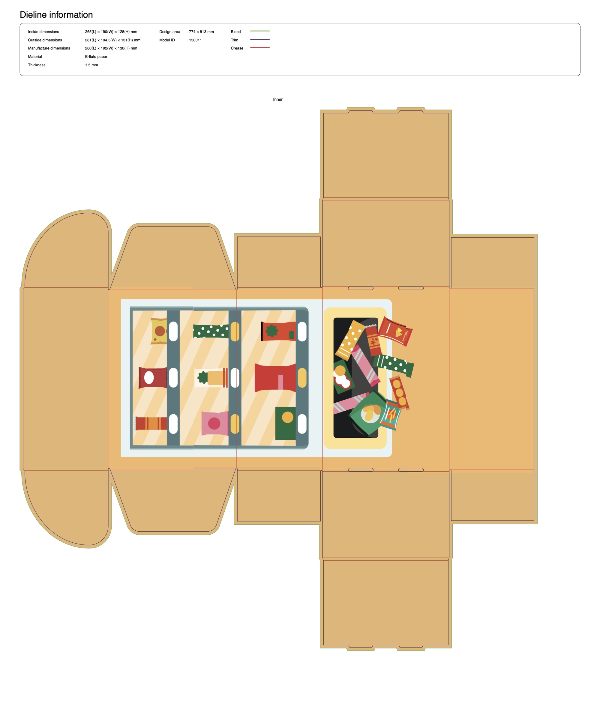Snack box template, inner sheet: dieline information table and inner tray artwork